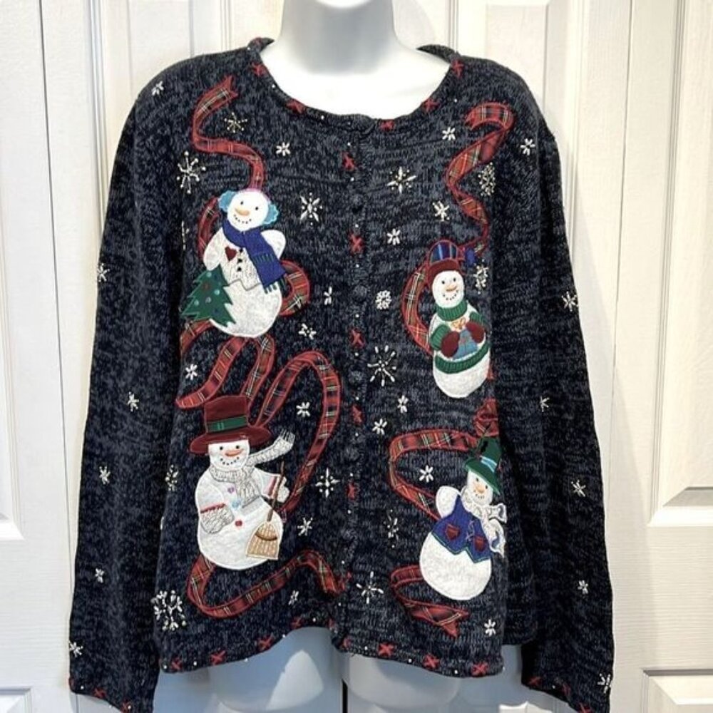 Designers Studio Blue Ramie organic linen and Cotton Snowman Sweater Size XL